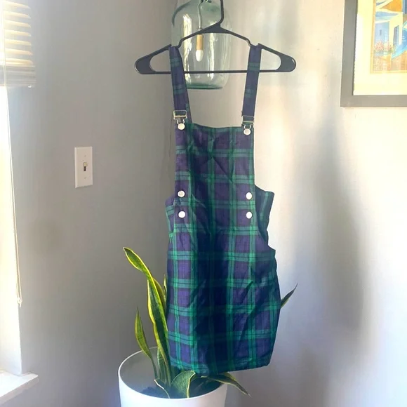 blue plaid pinafore dress Plaid Dreams Sleeveless Pinafore Dress Navy Check / L main image 1